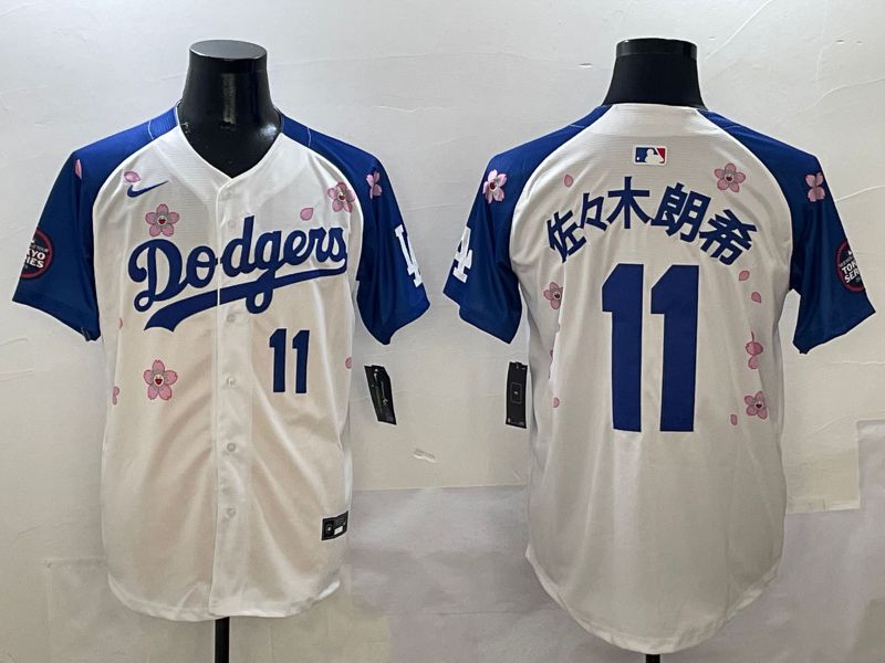 Men Los Angeles Dodgers #11 R.Sasaki White Blue Sakura Edition 2025 Nike MLB Jersey style 2